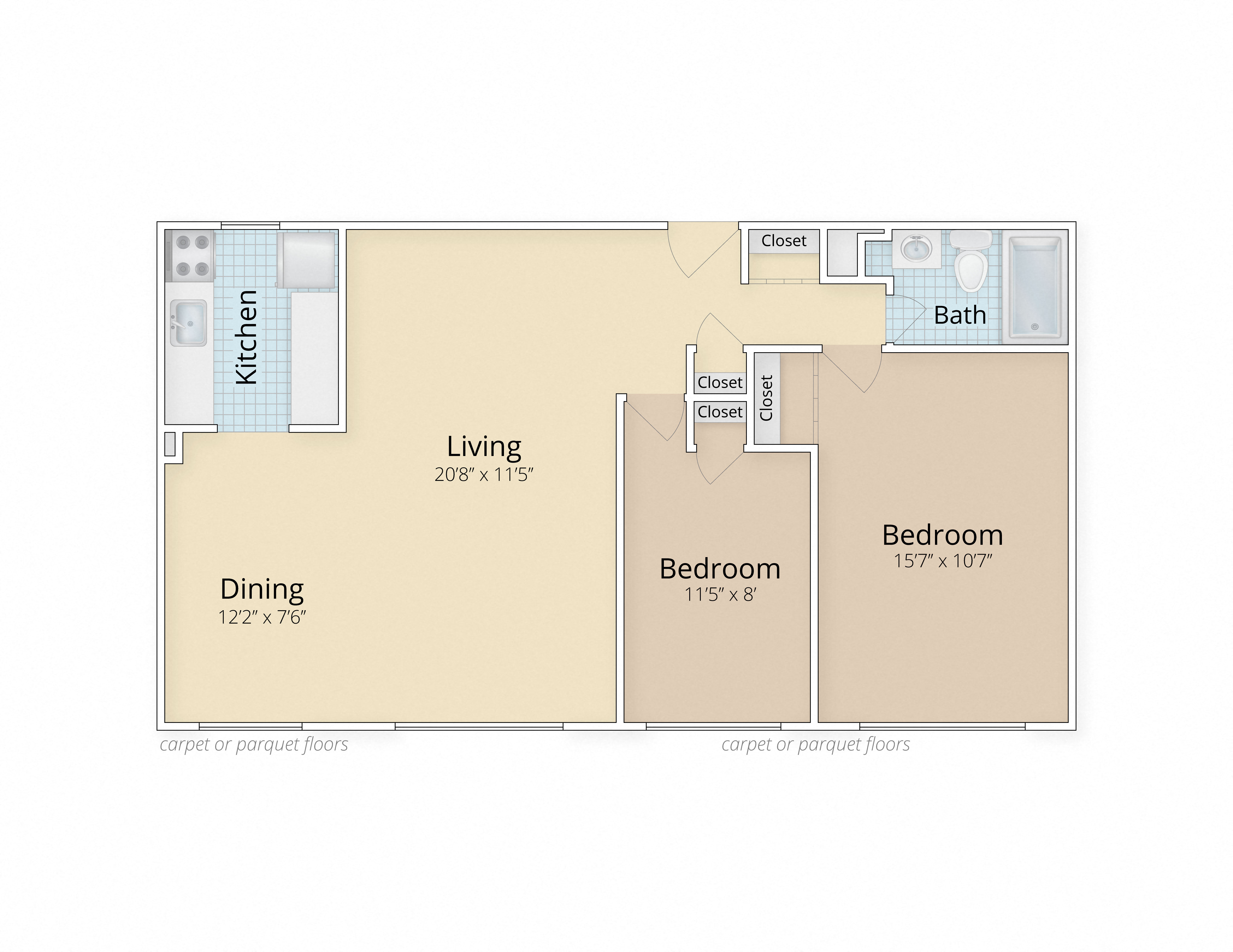 Floor plan for 2 beds, 1 bath, 1034 sqft